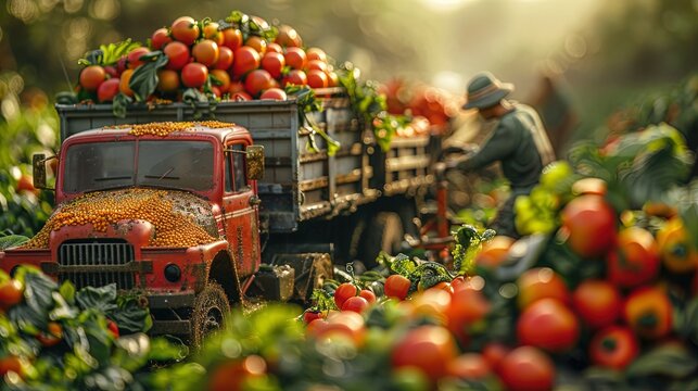 Focused on the action, a close-up shot depicts workers loading freshly harvested produce onto t