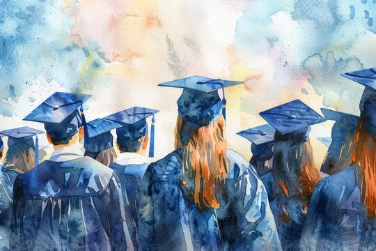 Colorful watercolor artwork of a group of graduates at commencement ceremony. Back view of students in caps and gowns celebrating academic success.