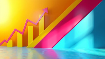 Neon-lit 3D zigzag arrow ascending with bars on a gradient background. Conceptual art for depicting economic trends and growth.