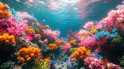 Naklejka na ściany i meble Beneath the surface, coral reefs stretch out like underwater gardens, teeming with life and v