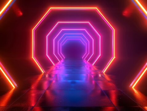 Neon-lit geometric tunnel with reflective floor. Digital art style with vivid neon colors. Futuristic corridor concept.