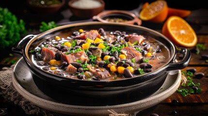Feijoada typical classic carnival dishes. Traditional Brazilian food made with a hearty stew of black beans, pork and salt beef