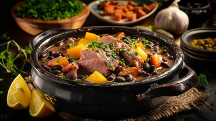 Feijoada typical classic carnival dishes. Traditional Brazilian food made with a hearty stew of black beans, pork and salt beef - obrazy, fototapety, plakaty