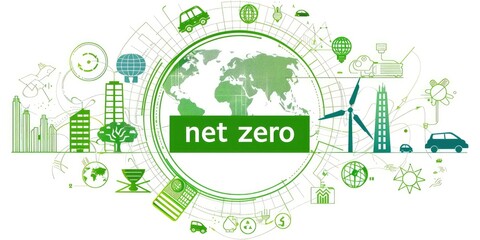 Naklejka na ściany i meble A circular logo with the words net zero in green set against a white background, encircled by icons that stand for different sustainability related ideas