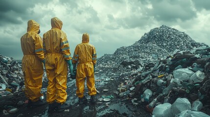 Standing at the foot of a towering mound of garbage, trash, and plastic waste, two men clad in...