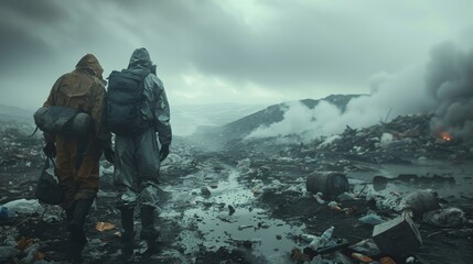 Amidst the stark landscape of a landfill site, two men don personal protective equipment as they...