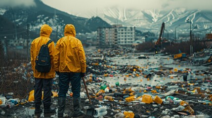 Against the backdrop of a sprawling landfill, two men clad in personal protective equipment survey the vast expanse of garbage, trash, and plastic waste before them. 