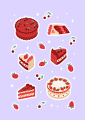 Set of cakes with cherries and strawberries. Slices of cakes and berries. Vector flat illustration. Cute sticker pack