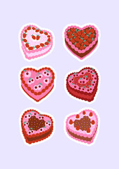 Set of heart shaped cakes with strawberries and cherries. Flat illustrations for holidays and greetings. Vector sticker pack