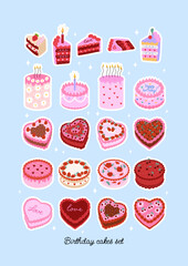 Set of various birthday cakes. Vector flat illustration sticker pack. Cliparts for holidays and greetings