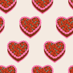 Seamless pattern with pink heart shaped cakes with strawberries. Vector flat background
