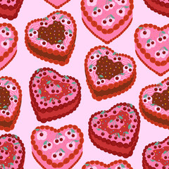 Seamless pattern with pink heart shaped cakes with cherries. Vector flat background