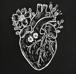 Minimalist Linocut Heart Anatomy with Floral Elements Generative AI