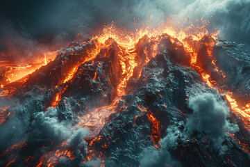 The intersection of a volcanic eruption and a glacier, illustrating the collision of intense heat and freezing temperatures. Concept of extreme temperature contrasts. Generative Ai. - obrazy, fototapety, plakaty