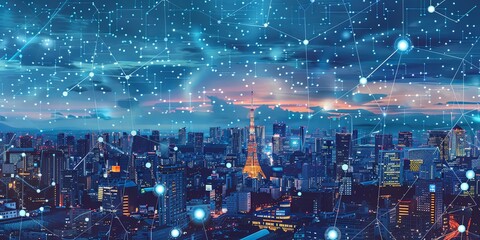 Digital city skyline with IoT devices connecting businesses