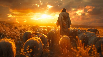 Envision a scene of profound tranquility and spiritual connection as Jesus, the Good Shepherd,...