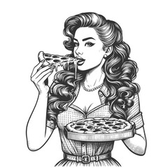 vintage-styled woman eats cheesy slice of pizza sketch engraving generative ai fictional character vector illustration. Scratch board imitation. Black and white image.
