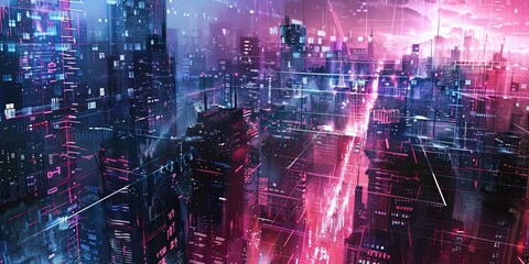 Fototapeta premium Digital cityscape with interconnected communication networks