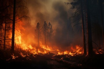 Uncontrolled Standing forest fire. Flame destruction. Generate Ai