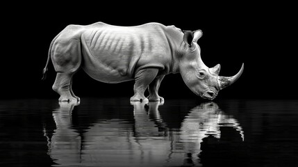  rhino submerges head, reflection mirrored