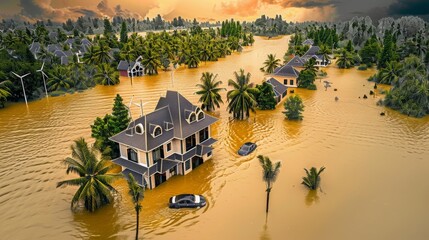 severe tropical storm with heavy rainfall caused a major flooding, and the floodwaters inundated houses. The inclement weather resulted in the flooding. digital ai art
