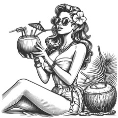 1950s pin-up girl sipping a drink from a coconut, summer vibes and retro charm sketch engraving generative ai fictional character vector illustration. Scratch board imitation. Black and white image.