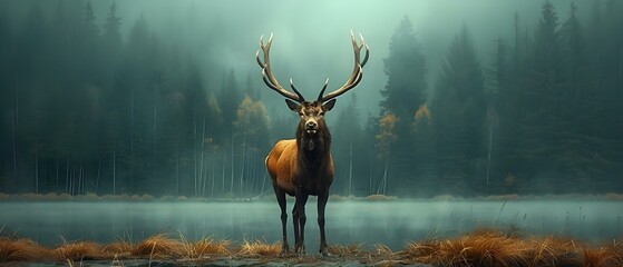 Majestic Stag in Misty Forest Clearing. Concept Nature Photography, Wildlife, Forests, Animals,...