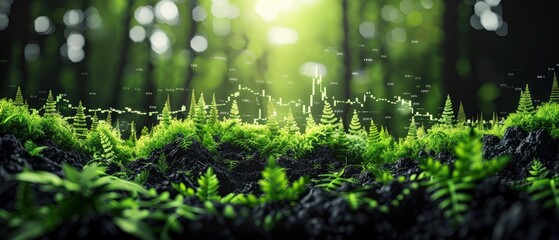  a barren stock chart in the middle of green little plant and soil with bokeh blurred background - obrazy, fototapety, plakaty