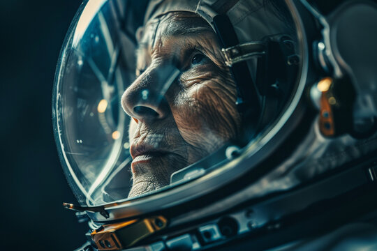 Cinematic portrait of an old astronaut coming back home. Grandmother with vintage space suit. Fiction concept about space exploration and science