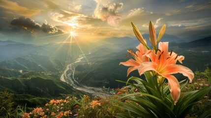 Solitary Bloom Thriving Amidst Majestic Mountain Peaks in a Serene Landscape