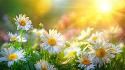 White flowers are blooming yellow or orange flower petals can be seen in the middle full of green nature around open sky shining sun around. Copy space image - obrazy, fototapety, plakaty