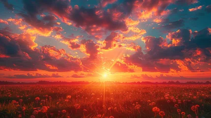 Zelfklevend Fotobehang Donkerrood Sun Setting Over Dandelion Field