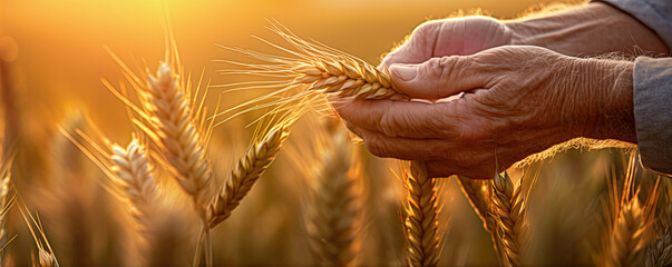 Naklejka premium Elderly hands holding wheat in field