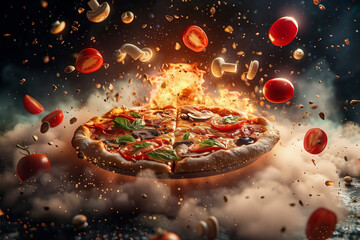 Dynamic composition of pizza and different ingredients flying around (5)