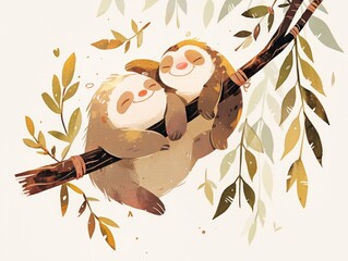 Naklejka premium Heartwarming Sloth Family Embrace in Watercolor Branches Generative AI