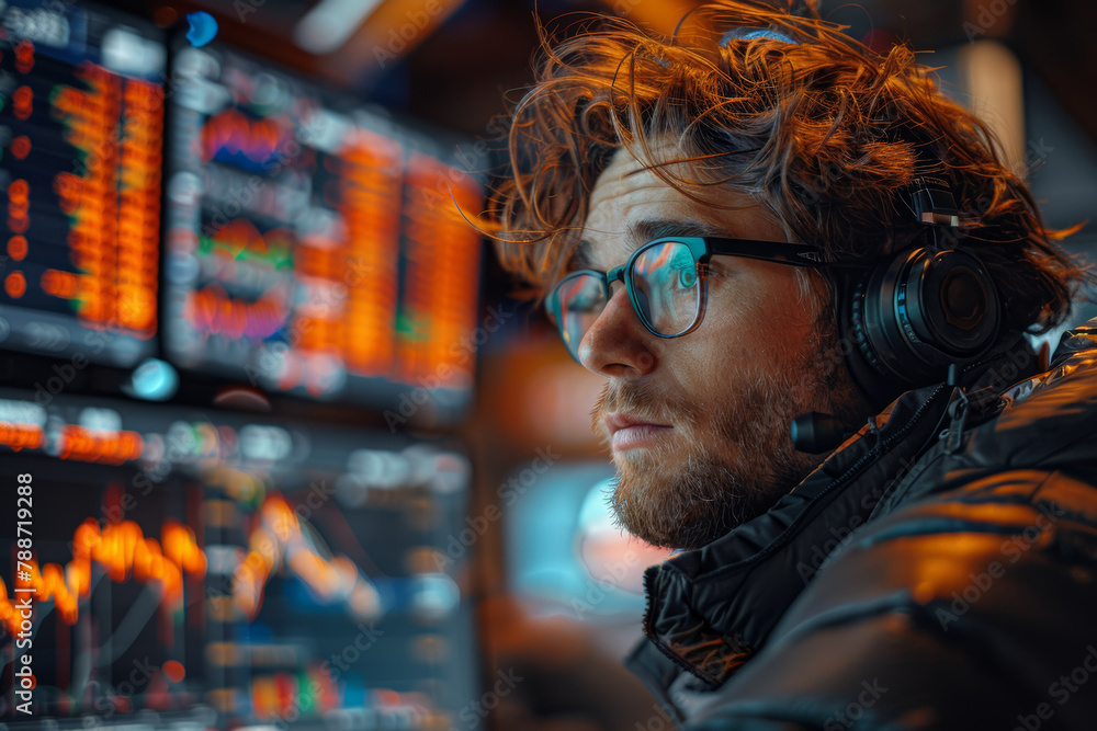 Poster a stock trader analyzing market trends on a computer screen, seeking profitable investment opportuni