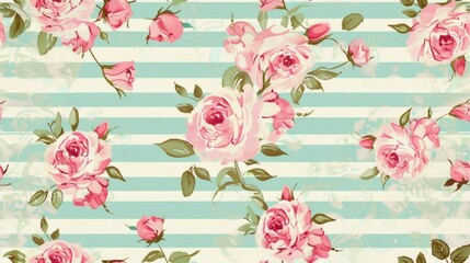 pink roses with leaves on horizontal sky blue and white stripes vintage background