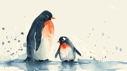 Minimalist Watercolor Illustration of a Loving Penguin Family Generative AI