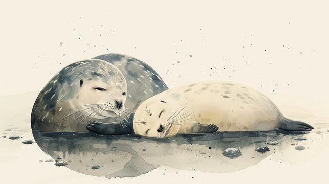 Tender Seal Family Moment by Watercolor Artist Generative AI
