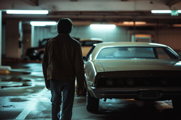 Drama and cinematic 70s shot of a silhouette of a man what a jacket and pants walking from his el Camino car towards someone wearing a brown leather jacket while waiting in a parking garage - obrazy, fototapety, plakaty