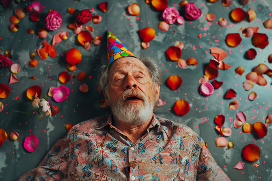Directly above view of amazed seniors lying on floor after exhausted party, senior man in party hat exploding popper with rose petals 