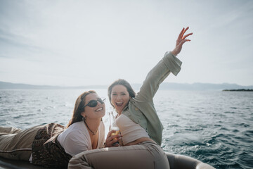 Two joyful adults share a moment of carefree happiness while relaxing on a boat trip across a...