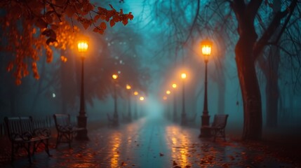 Park Bench Under Street Light in Rain - obrazy, fototapety, plakaty