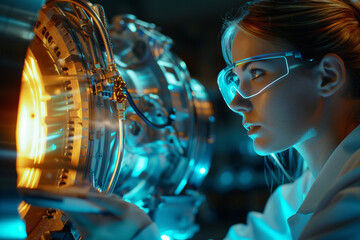 Engine hologram inspection woman analyze holographic image in digital glasses. Closeup futuristic automobile industry specialist checking turbine project designing motor. High tech engineering concept