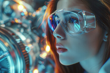 Engine hologram inspection woman analyze holographic image in digital glasses. Closeup futuristic automobile industry specialist checking turbine project designing motor. High tech engineering concept - obrazy, fototapety, plakaty
