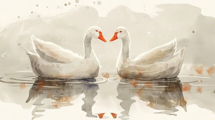 Minimalist Watercolor Illustration of Geese in Love Generative AI