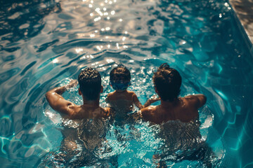 Father swimming with his two children in swimming pool