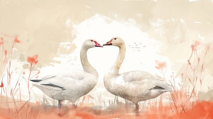 Minimalist Watercolor Illustration of Affectionate Geese Couple Generative AI