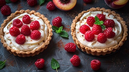   Two pies placed on a table, topped with fresh raspberries and mint leaves