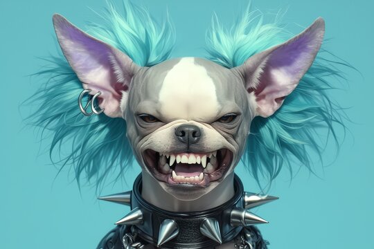 A hairless Chinese trend dog with long ears and turquoise hair, snarling on purple background, funny face